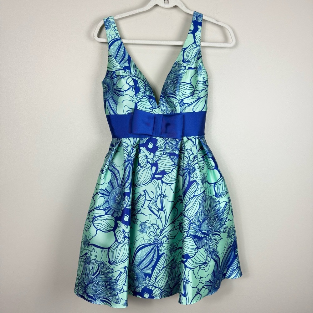 Mac Duggal Blue Floral Mini Dress